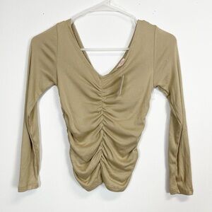 Poof Girl Shirt Size Small Tan Ribbed Ruched Long Sleeve Tee NWT NEW
